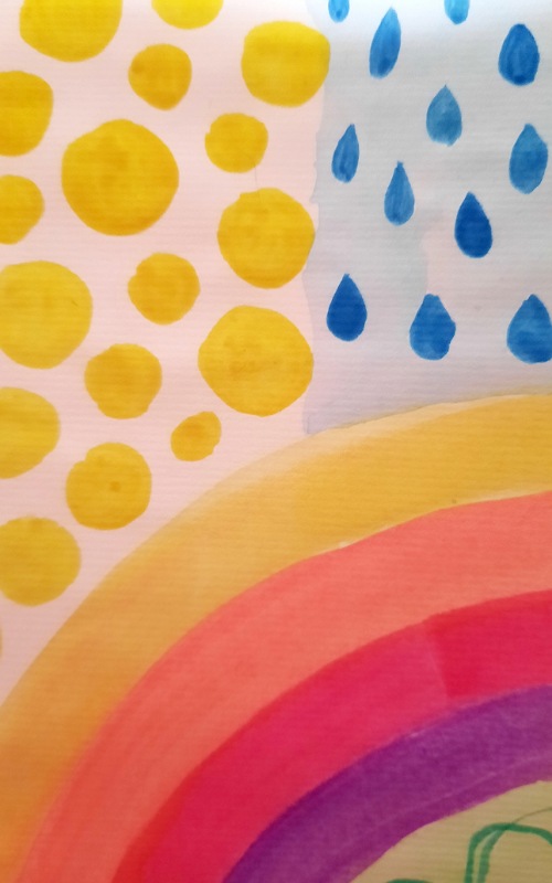 Ausdrucksmalerei: Regenbogen, gelbe Punkte, blaue Tropfen