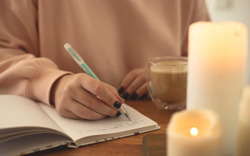Tisch mit Kerzen, Kaffee. Eine Frau schreibt etwas in ein Notizbuch.